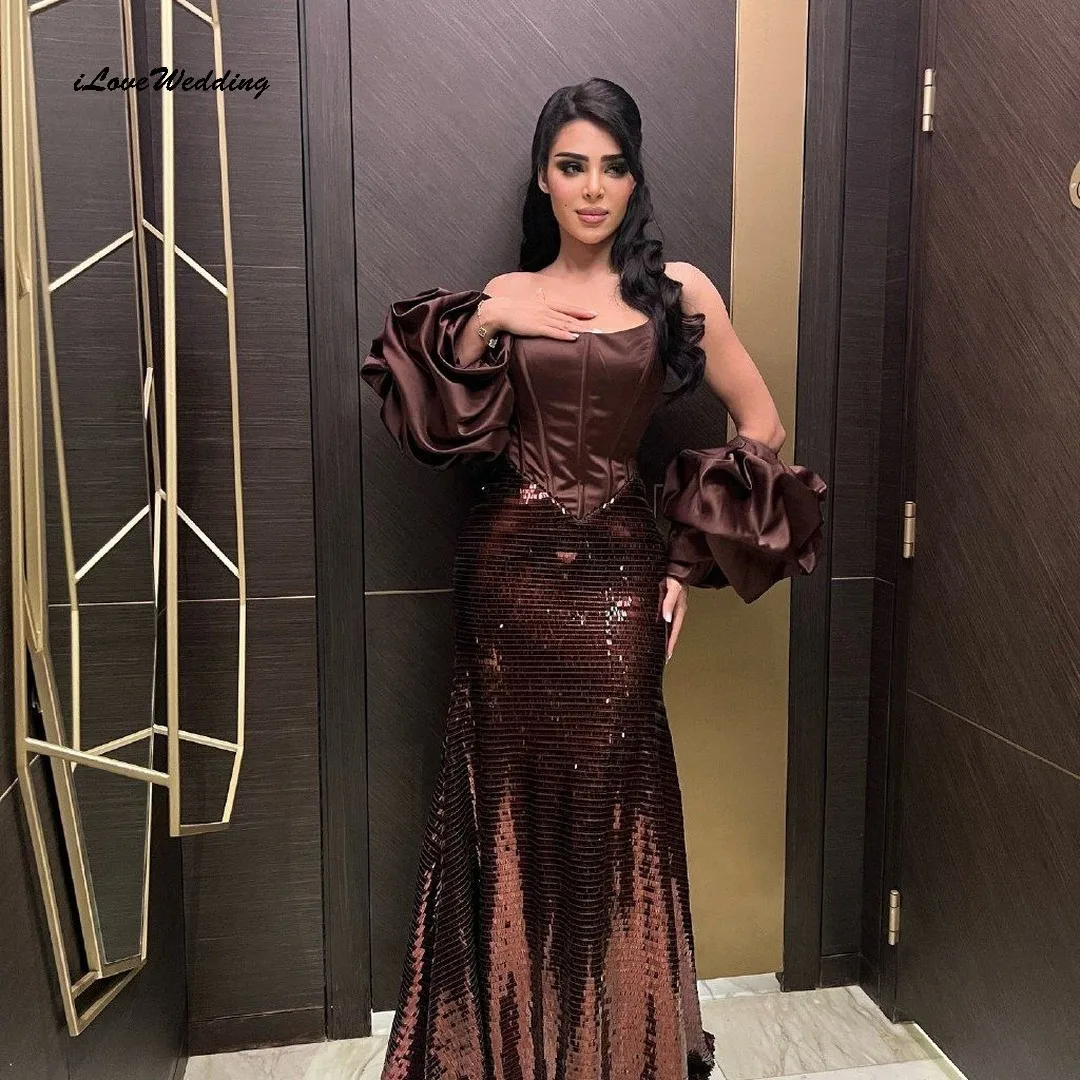 Chocolate Brown Strapless Prom Dresses 2025 Sequin Elegant Women Party Dress Boat Neck Mermaid Evening Dresses Gala Customized