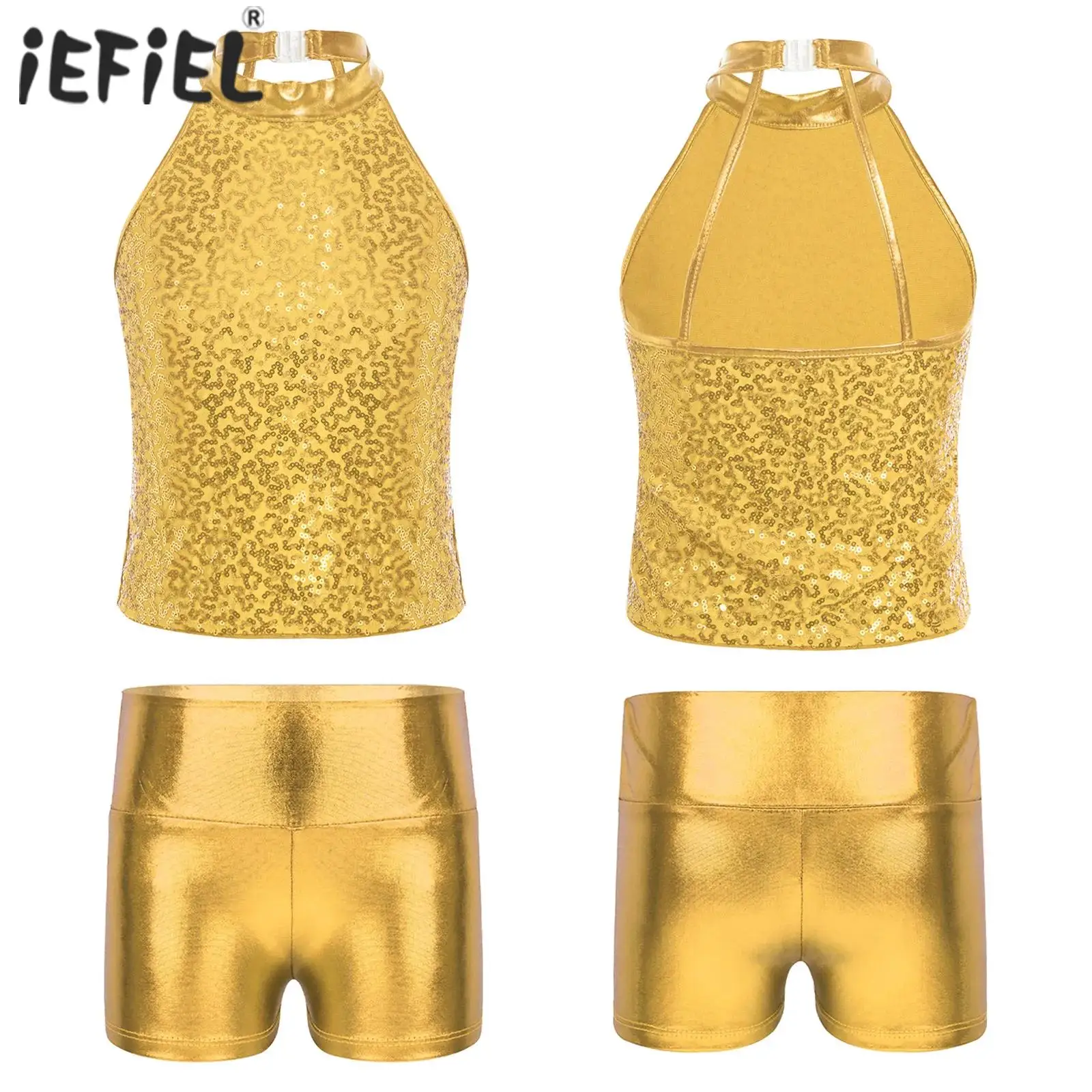 

Детские балетные танцевальные комплекты для девочек, укороченный топ с открытой спиной и блестками на шее и металлические танцевальные шорты для латинского джаза, сценического выступления