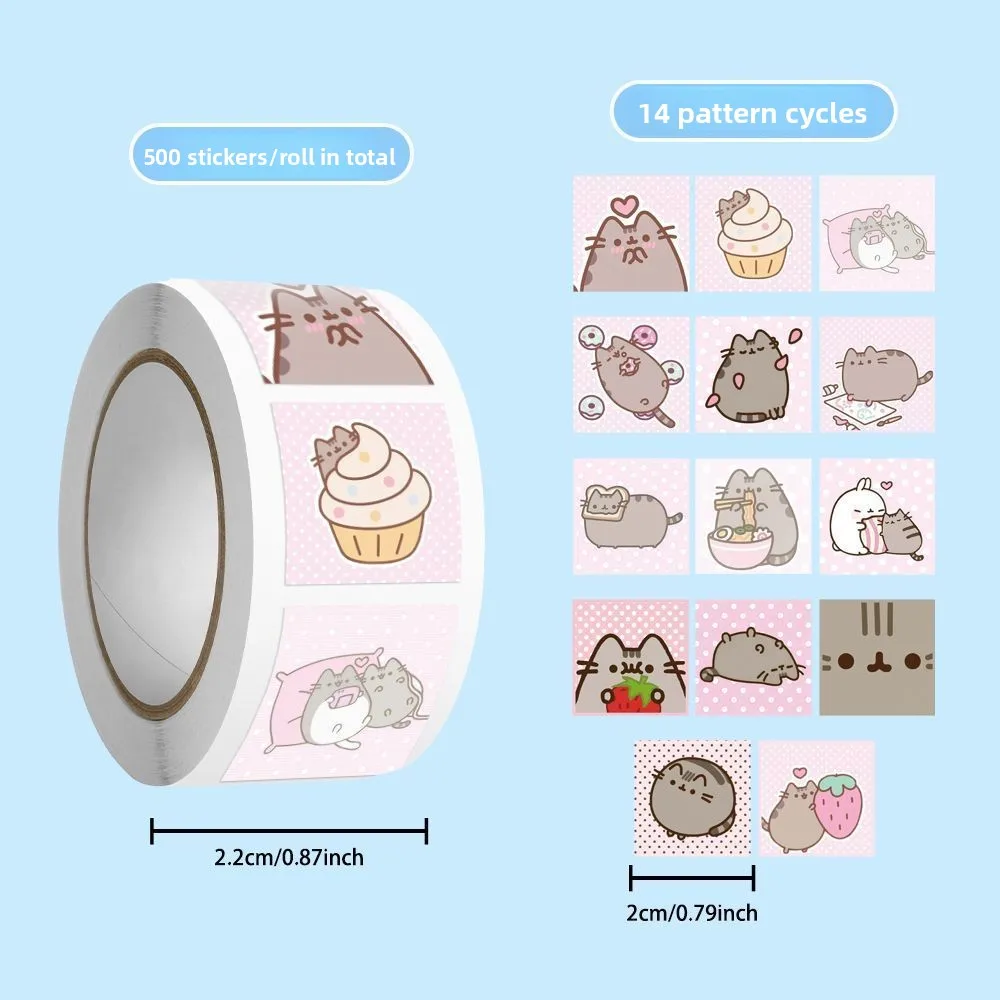 Pusheen-Stil Cartoon-Katzen-Aufkleberrolle, 500 Stück pro Rolle mit 14 Designs, niedliche selbstklebende Aufkleber für Scrapbooking und Tagebuch. – Detail 3