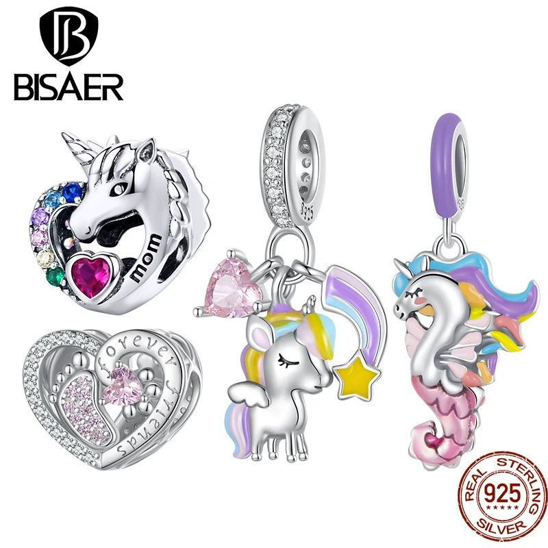 

BISAER 925 пробы серебряные радужные искусственные бусины, подвеска с платиновым покрытием для самостоятельной сборки, Изящные Ювелирные изделия