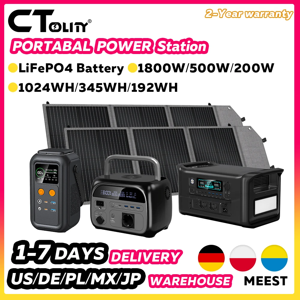 CTOLITY Generador solar portátil de 1024Wh 345Wh 192Wh, almacenamiento de energía con batería LiFePO4, power bank para camping al aire libre, panel solar con USB y Type-C