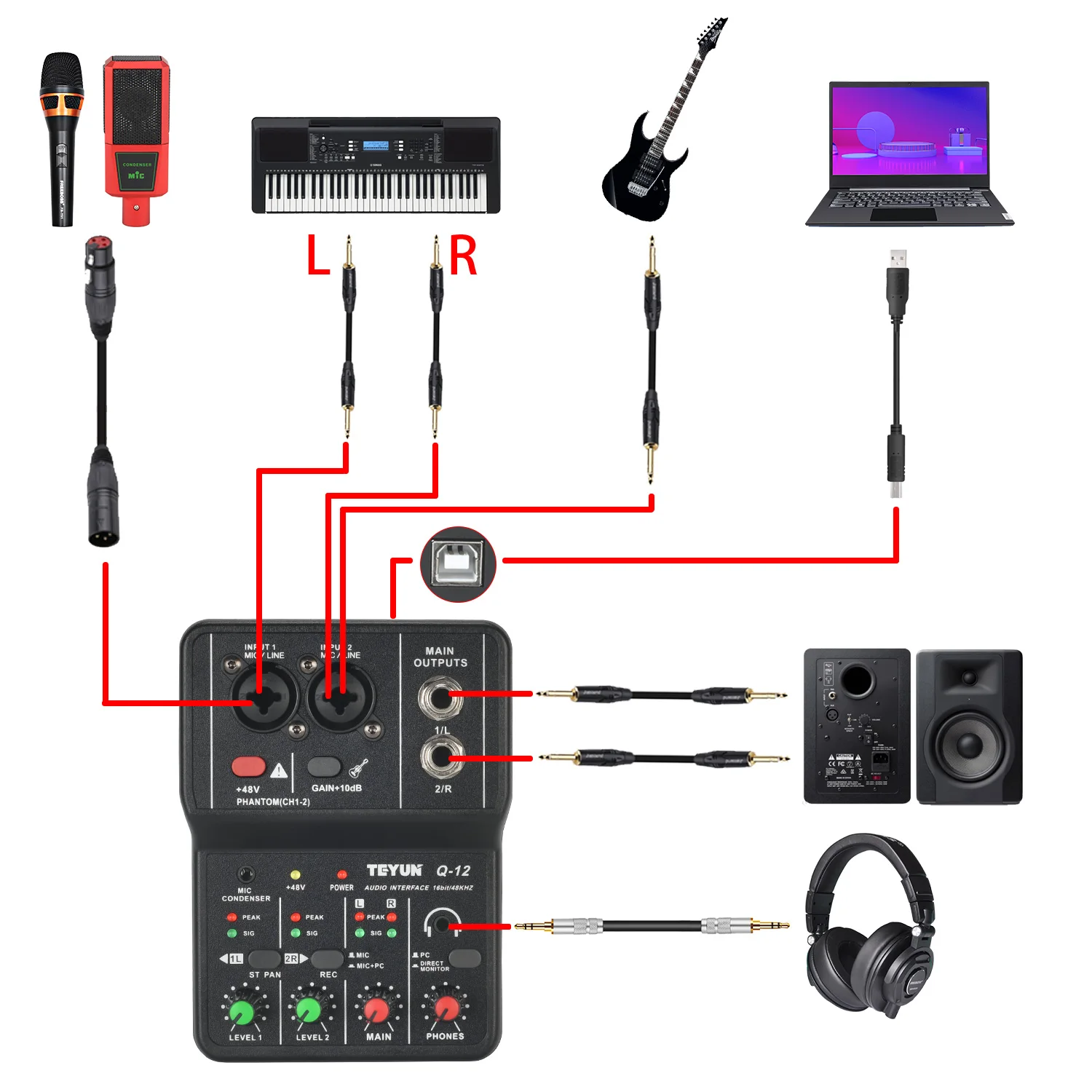 Teyun Portable Audio Interface Professional Mini USB External Sound Card Mixer 48V Computer Guitar Studio PC Record Q-12