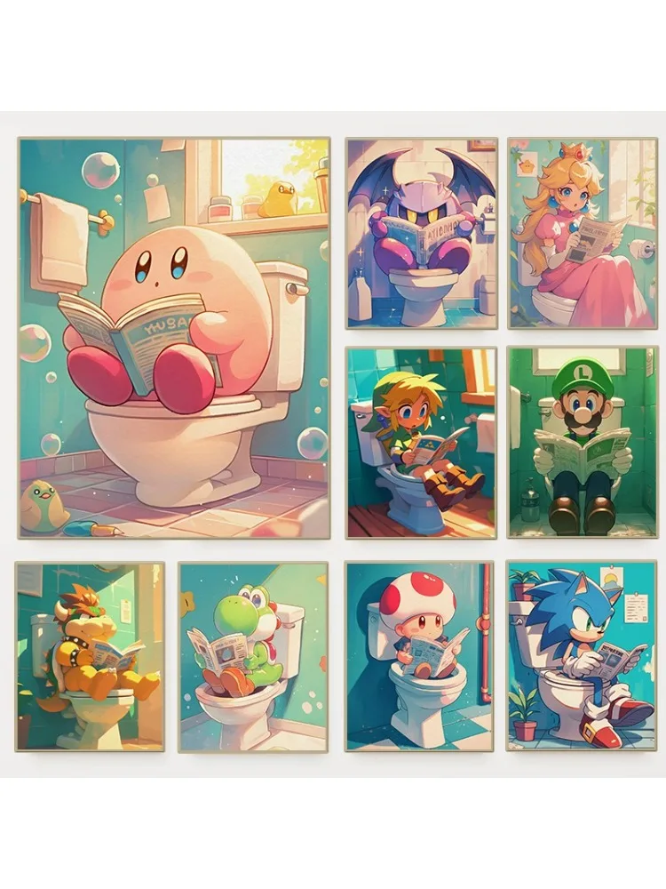 Affiche de jeu vidéo de dessin animé drôle pour salle de bain, personnages animés mignons, peinture sur toile de toilette, Art mural, salle de douche, décoration de maison pour enfants