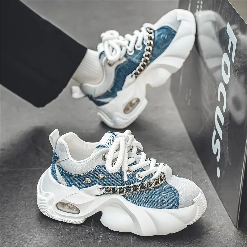 Fashion Blue Denim Casual Sneakers uomo Original Designer Platform Shoes uomo aumento tacco Hip Hop Chunky Sneakers scarpe da ginnastica da uomo