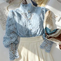 New Women's Long Sleeve High Neck Chic Blouse, Lace Paneled Hollow Sleeve Elegant Top, Vintage Fashion Office Lady Outfits