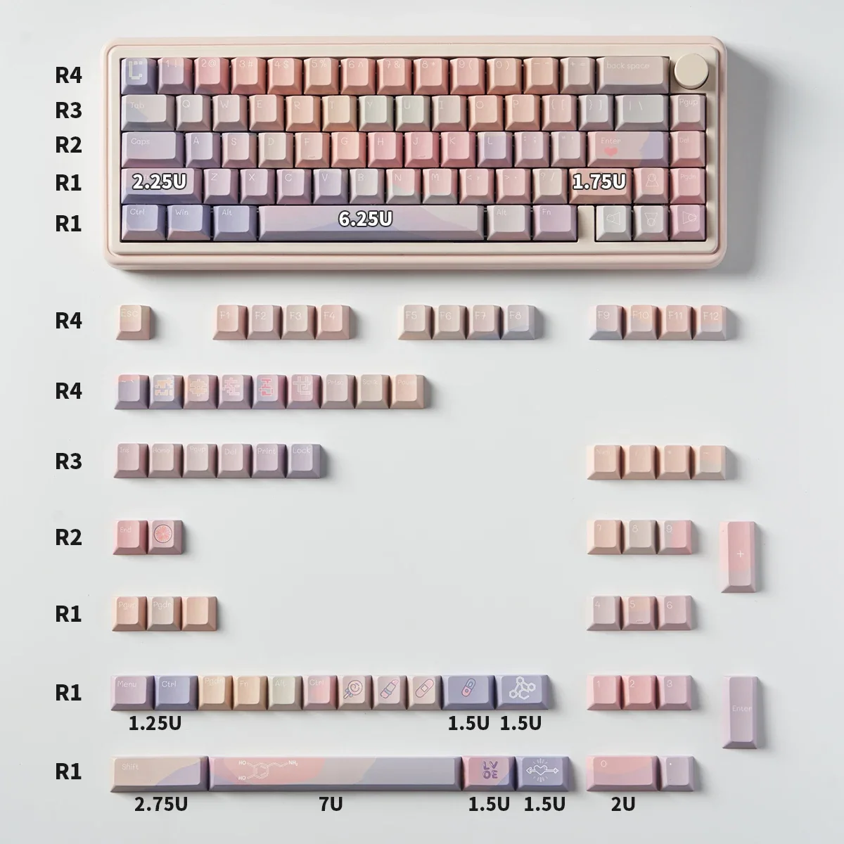 Допамин механическая клавиатура Keycap PBT термосублимация 131 ключевая Заводская адаптация по высоте 61/64/75/87/104