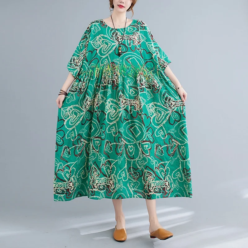 Vestido de Verão Plus Size com Estampa Floral Artística Solto que Disfarça o Corpo Manga Longa Curta Estilo Casual em Aodão...