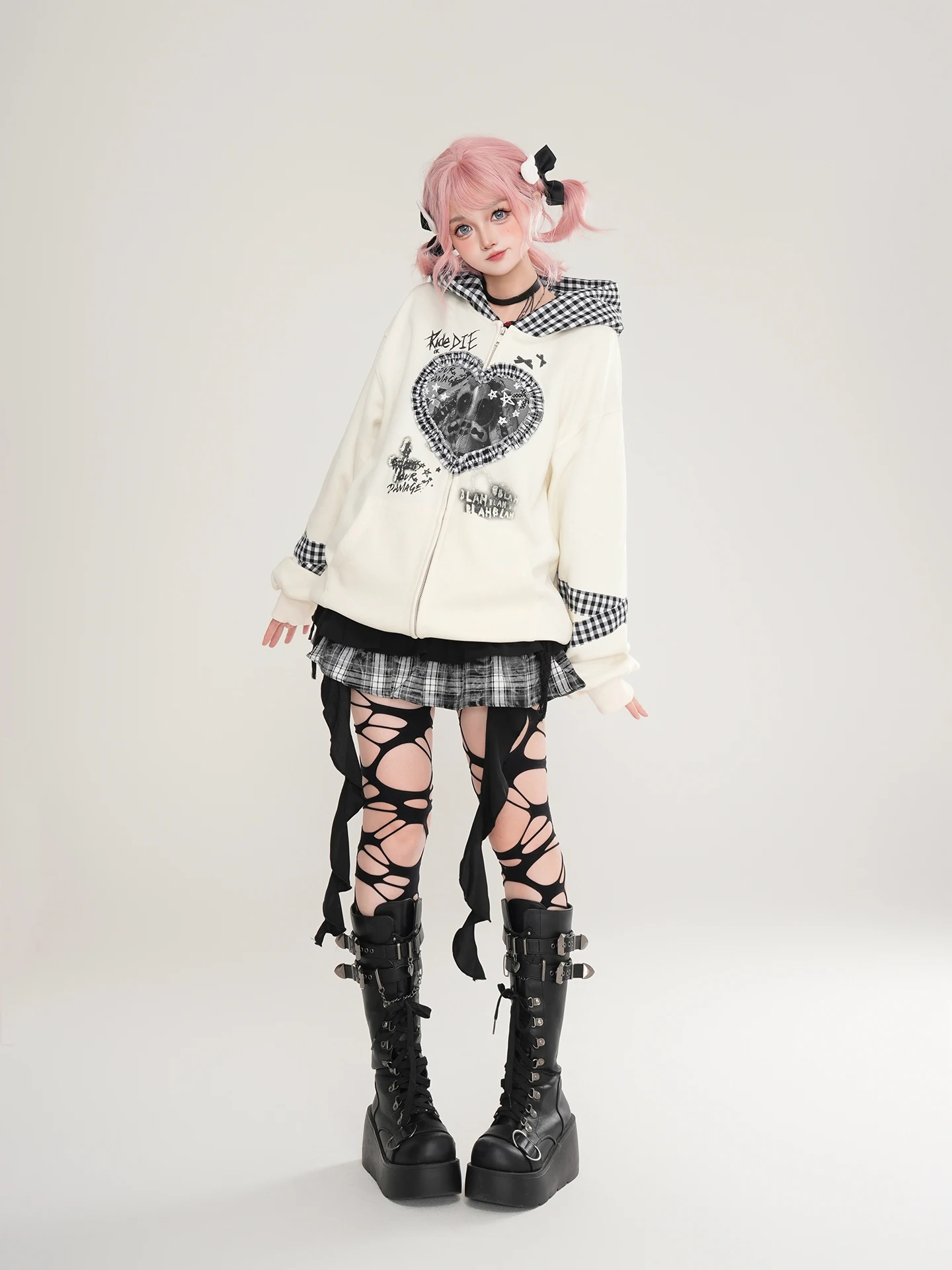 Japanese Subculture Sweet Cool Lace Plaid Rabbit Ear Hooded Graffiti Print Loose Versatile Casual Sweatshirt Jacket Women Autumn