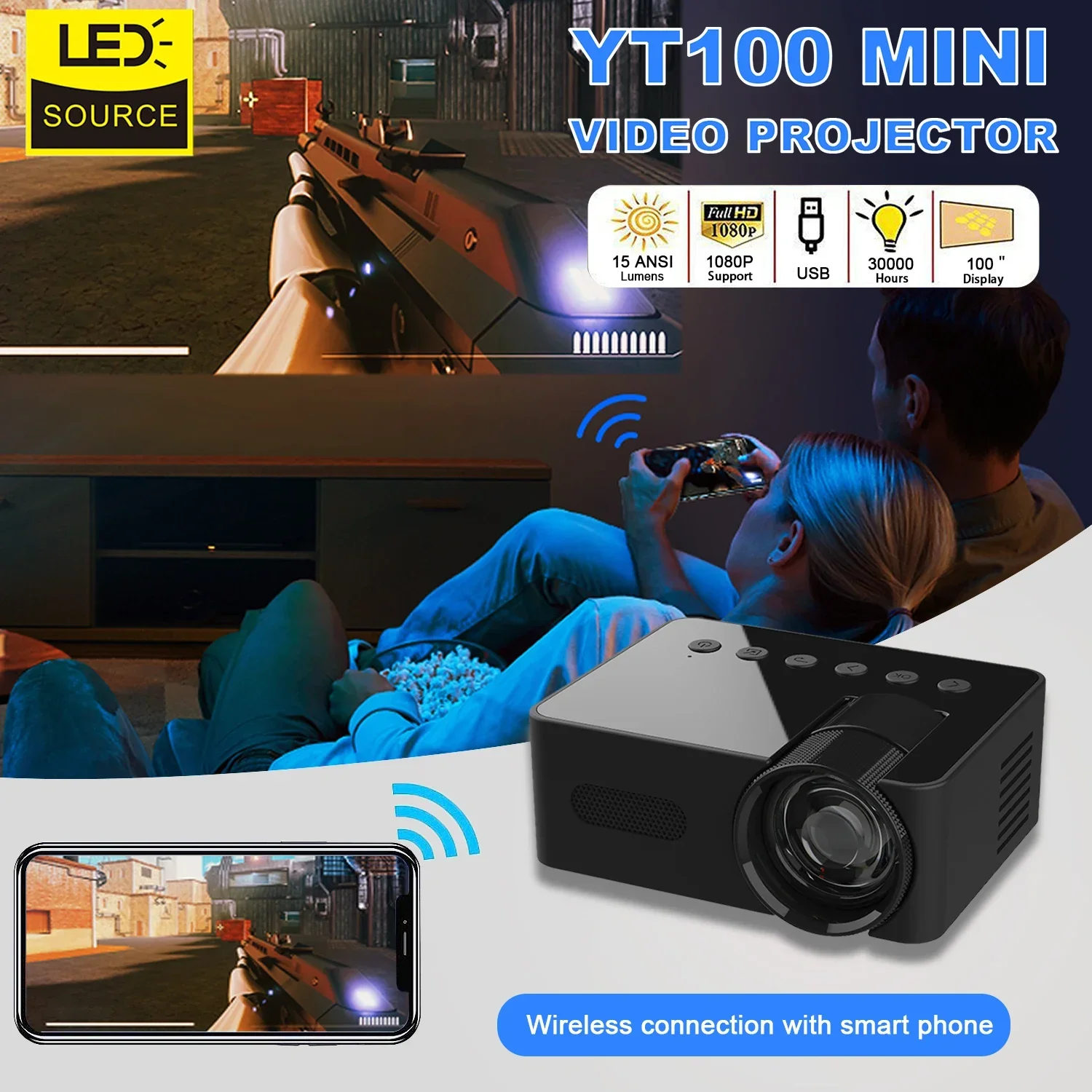 

YT100 Mini Android Wifi Smart Portable Projector 1080P Full HD Office Home Theater Movie Video Wireless Same Screen Projector