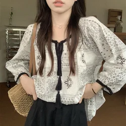 Gentle Style Long Sleeved Outerwear Short Floral Shirt for Women's Summer New Retro Loose Slimming Versatile Pullover Chic Top