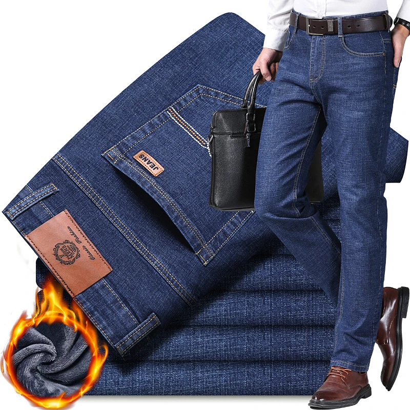 

Winter Business Office Fleece Jeans Men Thickened Warm Thick Velvet Denim Trousers Casual Classic Straight Men's Pants