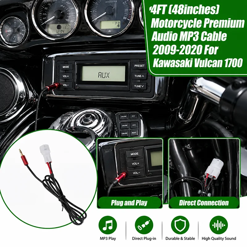 4FT 48 Zoll Premium MP3 Audio AUX Kabel für Kawasaki Vulcan 1700 Voyager Vaquero 2009-2020 Motorrad-Radio-Adapterkabelbaum