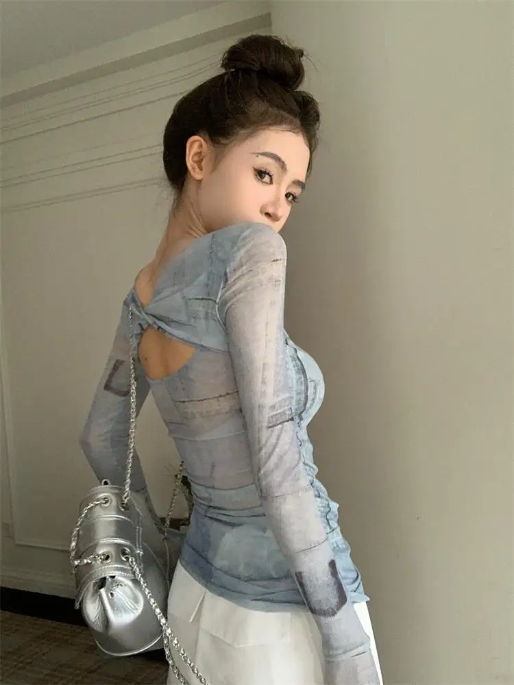 

Women Clothing Tops Summer New High-end Designed Niche Chic Americian Retro Style Temperature Mesh Tie-dyed Long-sleeved T-shirt