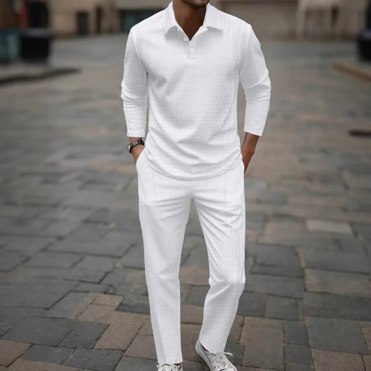 

New men's winter and autumn suit - solid-color jacquard trendy reversed collar buttoned casual long-sleeved trousers