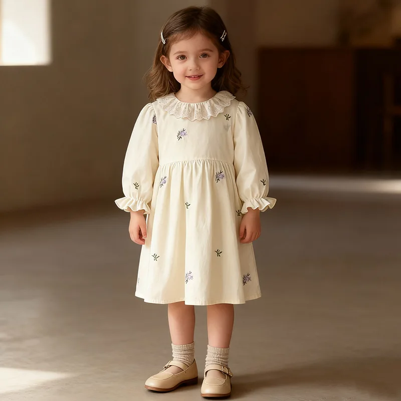 

Платье для девочек с цветочным принтом и воротником с рюшами, с длинными рукавами, весна-осень, в стиле Y2K, детская одежда, модное платье для маленьких девочек