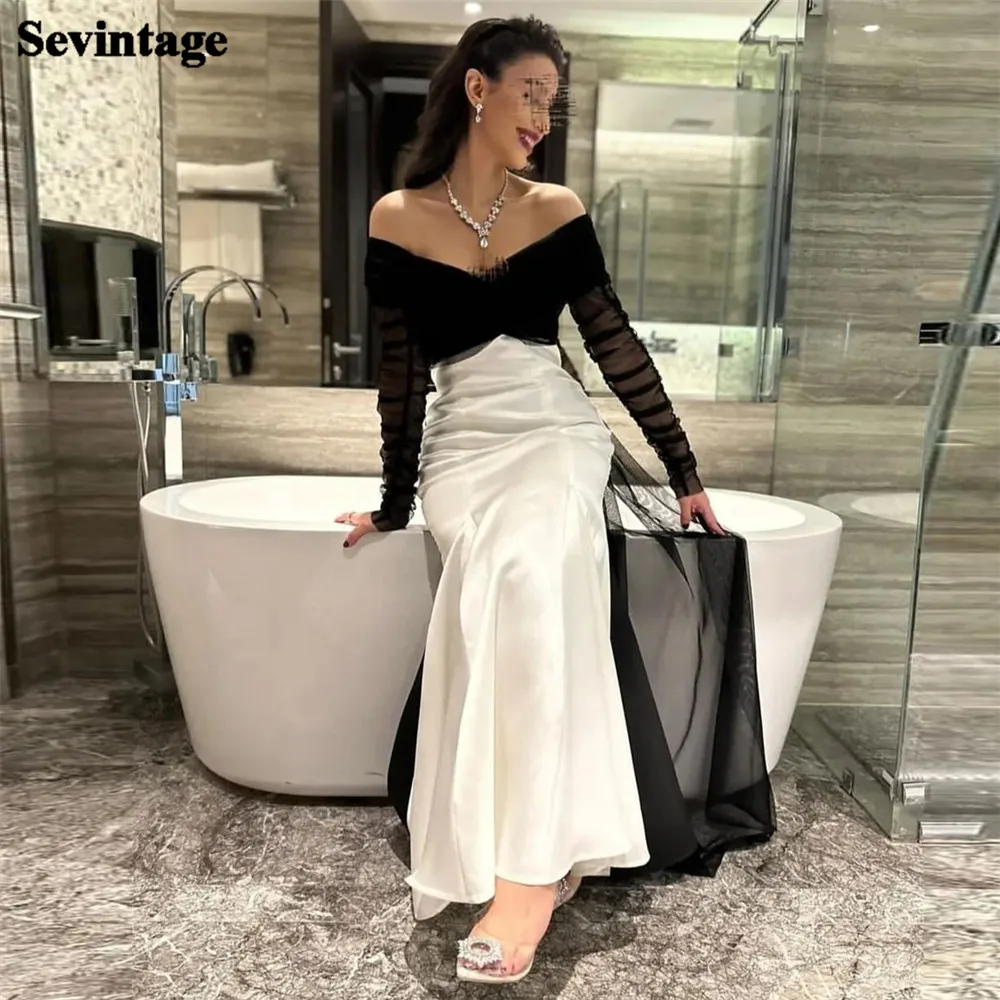 

Sevintage Black And White Saudi Arabic Prom Dresses Ankle-Length V Neck Midi Women Evening Gowns Night Club Party Dress 2023