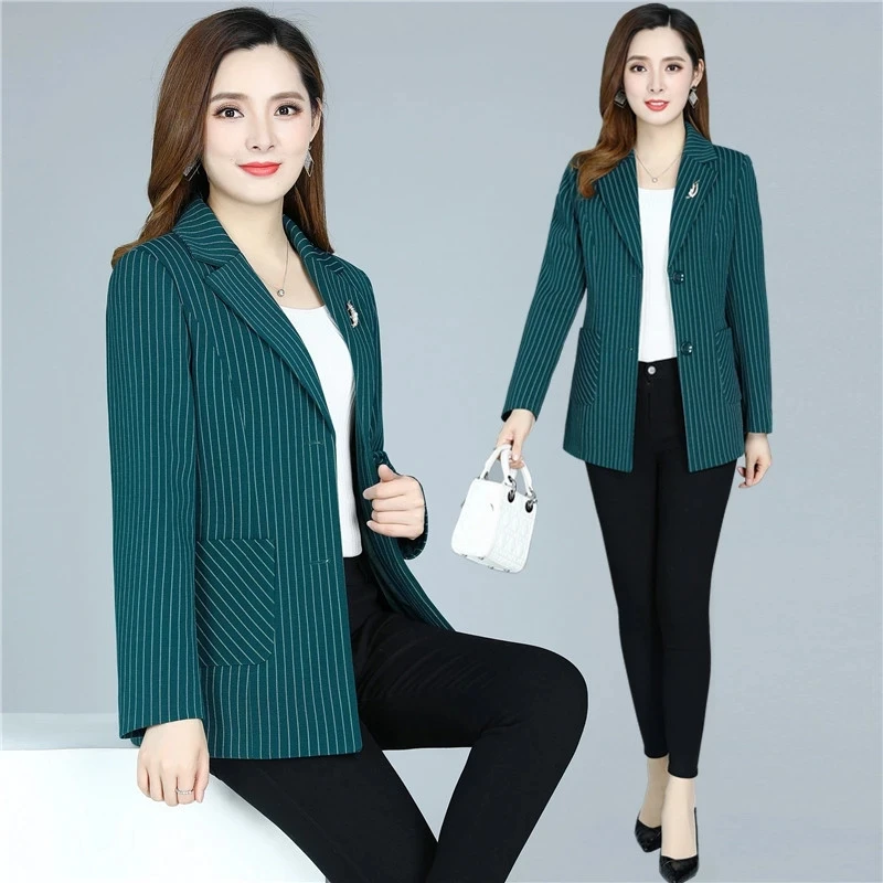 Middle Aged Mother's Blazers Coat Spring Autumn Casual Suits Collar Stripe Suits Jacket Fashion High Quality Short Blazer Tops