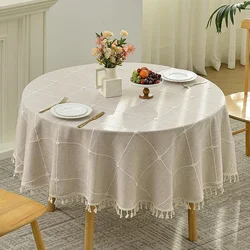 Round Tassel Plaid Tablecloths Heavy Weight Cotton Linen Fabric Dust-Proof Table Cover Kitchen Dining Party Tabletop Decorations