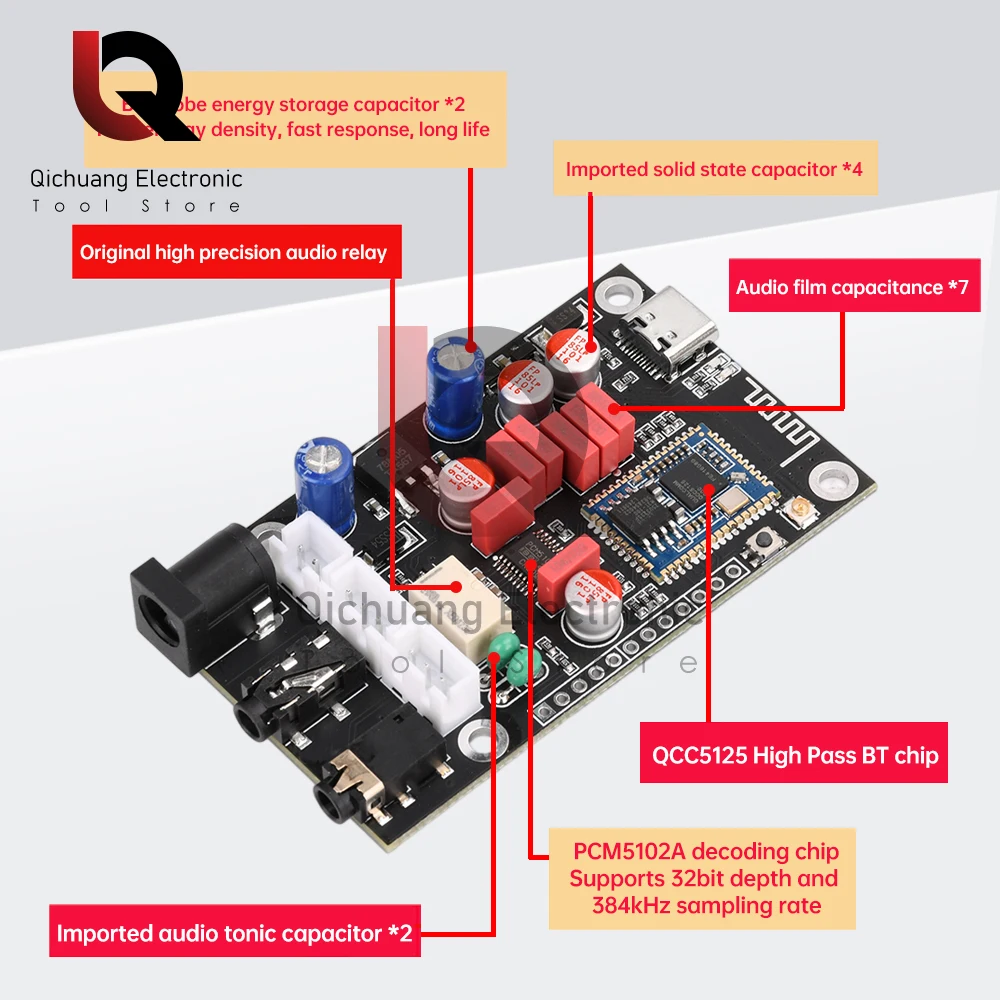 DC8-24V APTX HD QCC5125 LDAC Wireless Adapter Bluetooth 5.1 Receiver Board DAC Audio Decoder Board 16Bit/48Khz APTX LDAC