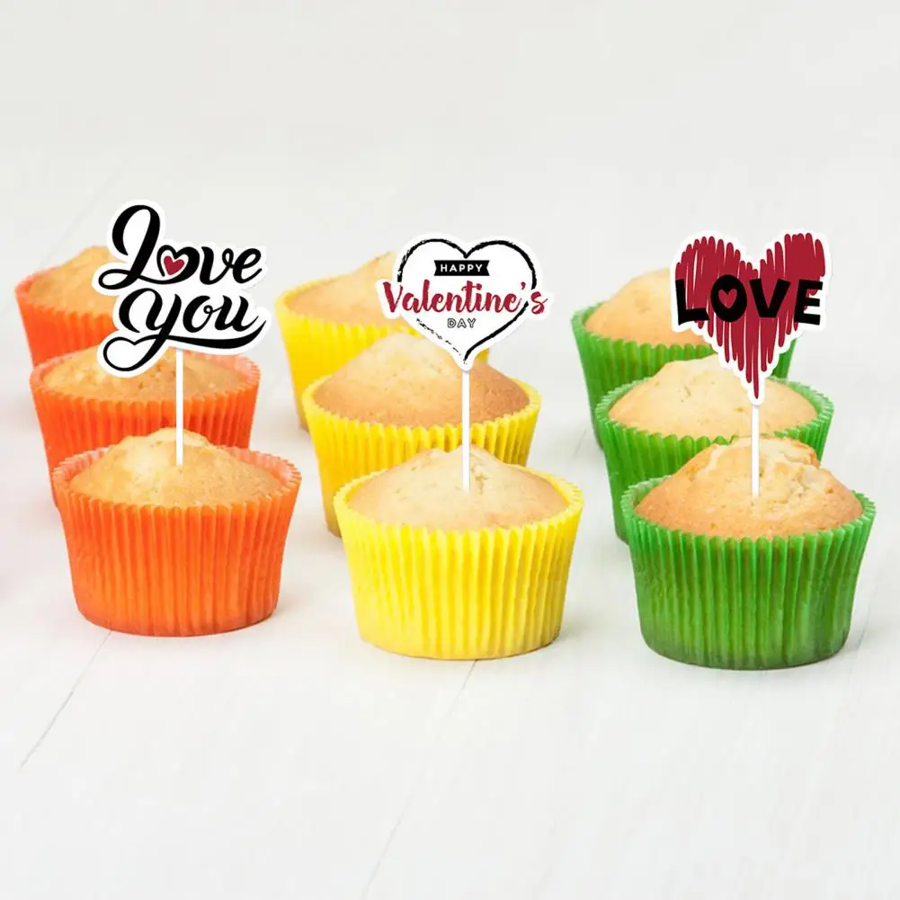 12Pcs Cupcake Toppers Heart Shape Letter Print Cake Topper Decoration Sweet Valentine Day Food Appetizer Stand Cake Topper