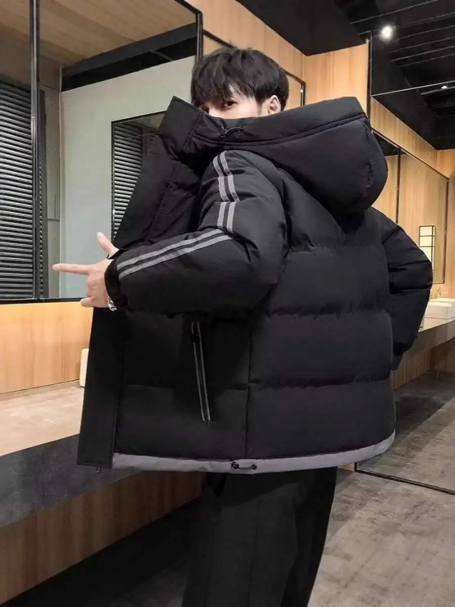 

Winter Thiened Cotton Jaet Men's Hong Kong Sle Hooded Coat Youth Korean Version Long Zipper Casual Outerwear Coat