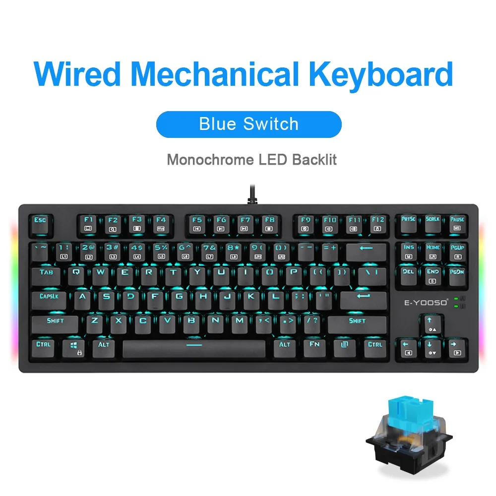 Teclado mecánico USB para jugar con cable, interruptor rojo azul, retroiluminado con LED monocromático, 87 teclas