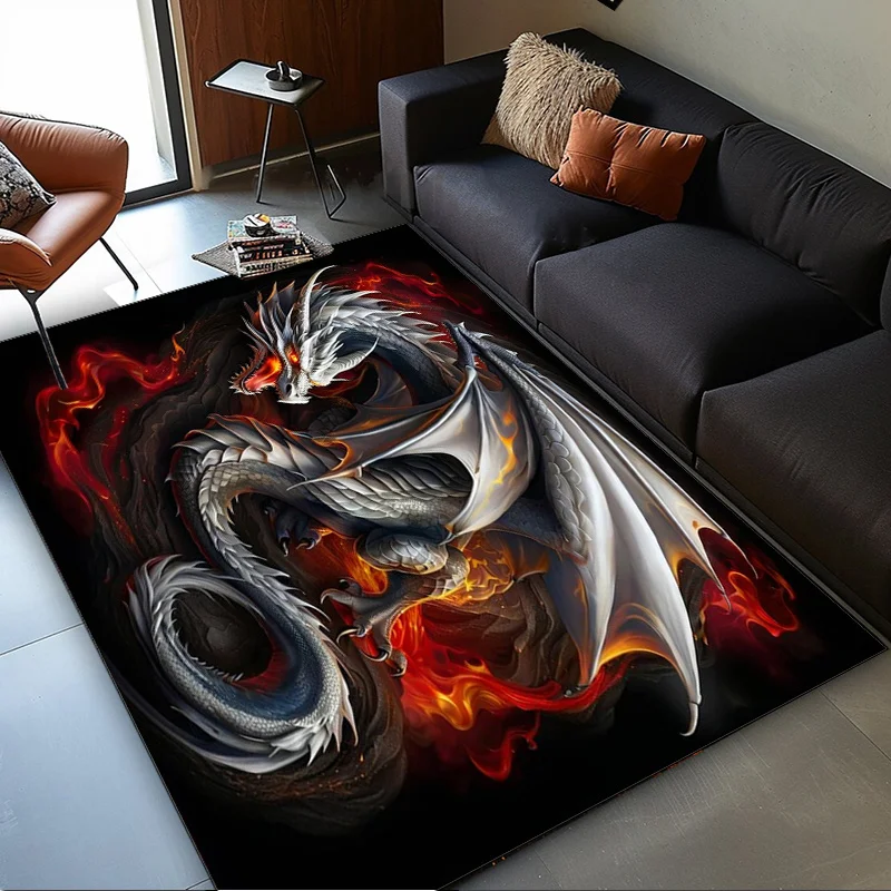Dragon Fire Rug for Modern Living Room | Mythical Creature Area Rugs with Fiery Flames | Fantasy Art Home DecorMachine washable