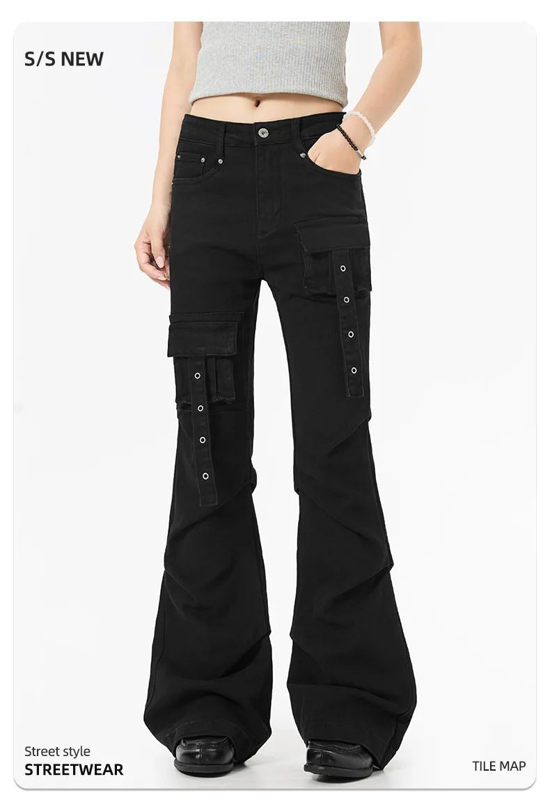 OR FL American Streetwear Brand High Street Micro 97 Cotton Women Cargo Trousers Multiple Pockets Fold Tight Look Taller Slacks