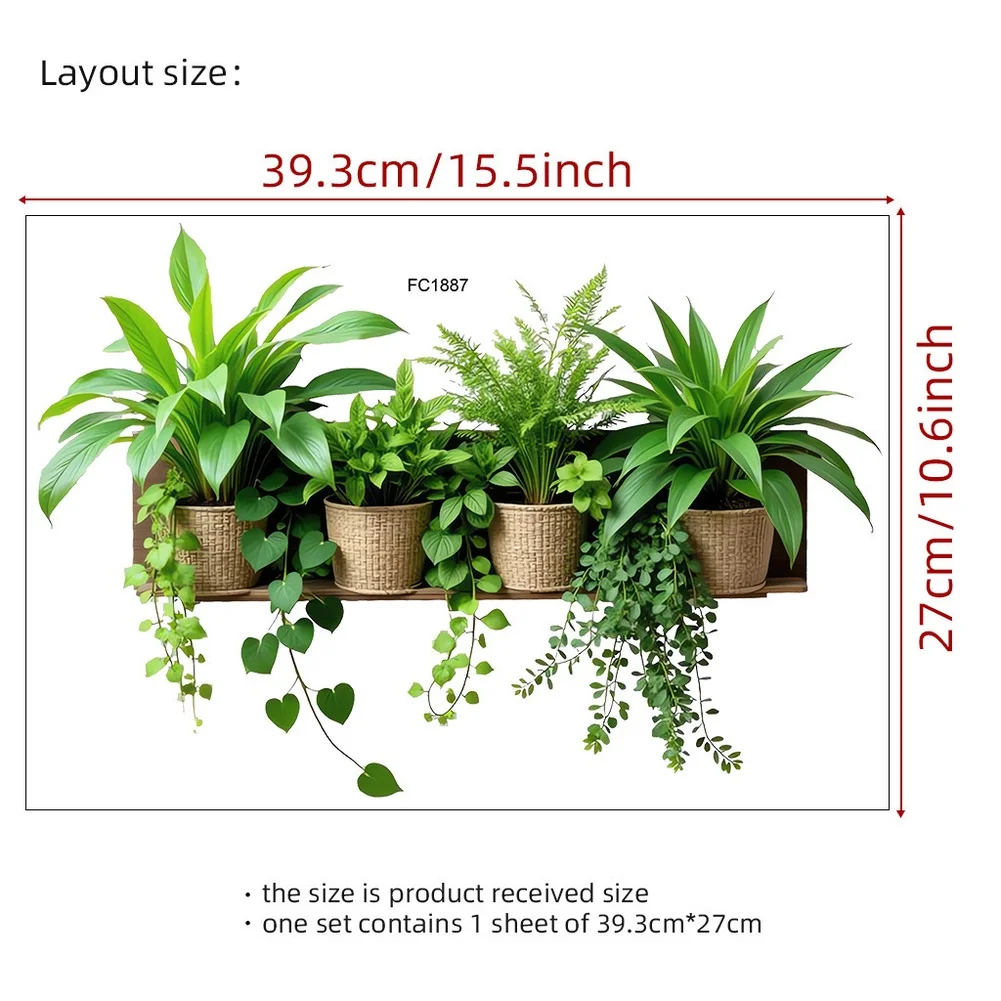 PVC Green Plant Wall Decal Self-Stick Decor for Living Room Bedroom Kitchen Office 315.5x10.6in Waterproof Material