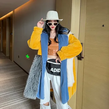 Fashion Trend Imitation Fur Coat Winter Fur Integrated Tuscan Contrasting Lapel Coat Women
