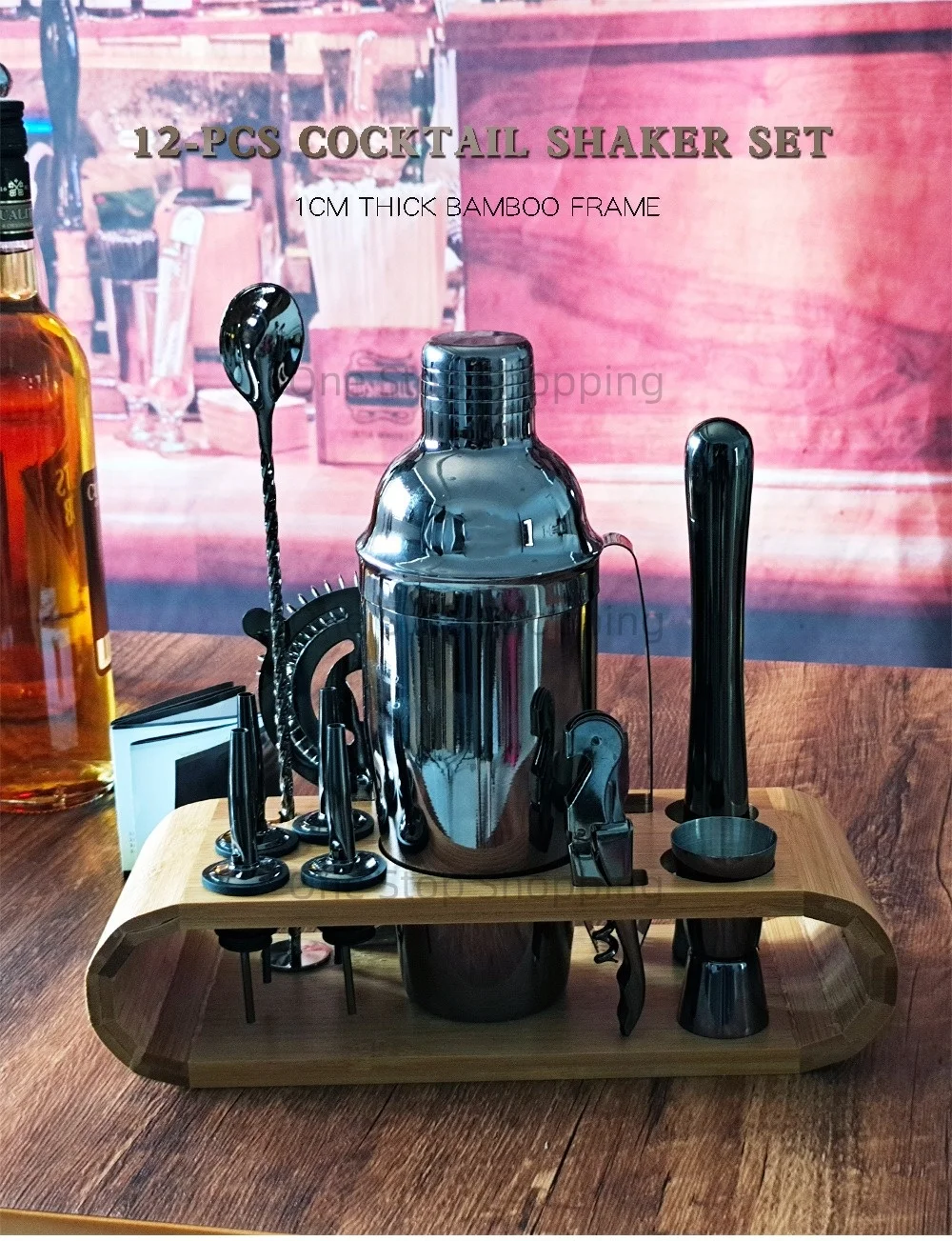 12PCS Cocktail Shaker Set Barkeeper Kit Bar Set Bambus Ständer Matini Shaker Rührlöffel Muddler Jigger Cocksrew für Barware Set – Detail 1