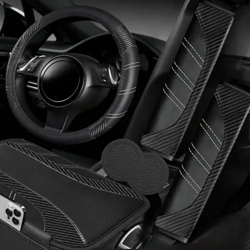 

NBTEPEM 6-Piece Black Car Interior Kit – Universal Steering Wheel Cover, Console & Cup Holder Set (Carbon Fiber)