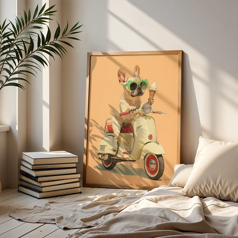 Minimal Abstract French Bulldog Riding Scooter Canvas Wall Decor Picture, 2D Printed Poster Wall Art, Fun Home Decor Gift For Li