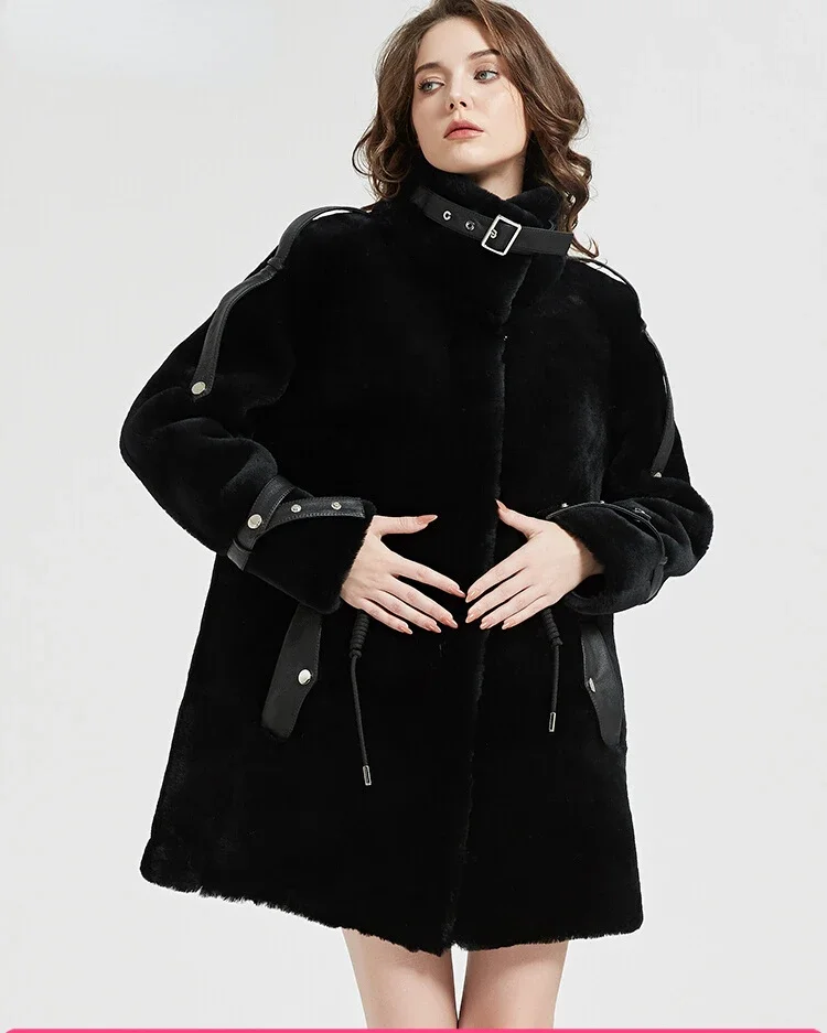 Fashionable Women Black Fur One-piece Coat Medium Long Loose High Neck Lambskin Fur Grass Coat