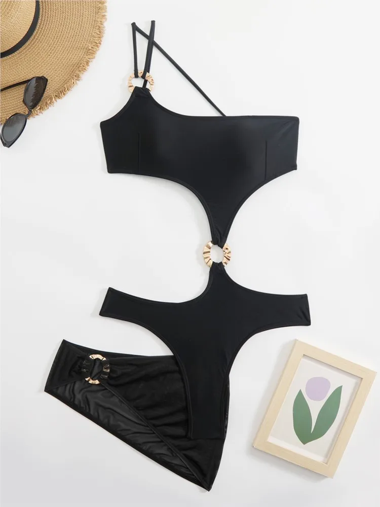 2 ชิ้นชุดบิกินี่ชุดว่ายน้ําผู้หญิงกระโปรงชุดว่ายน้ําฤดูร้อนใหม่สีดํา Beachwear วันหยุดบิกินี่ Cover Ups ชุด