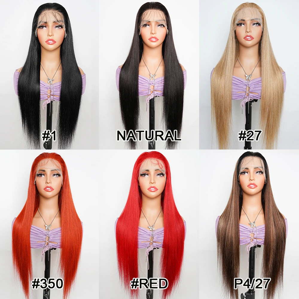 34inch 13*4 Lace Frontal Wigs #1 #27 #350 #Red P4/27 Colored Human Hair Wig Remy Indian Hair With Baby Hair Silky Straight Wig