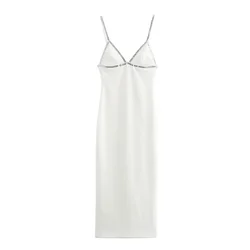 2024 Summer New Women's Slim Fit Pure Desire V-neck Sexy Backless Jewelry Embedding Midi White Dress