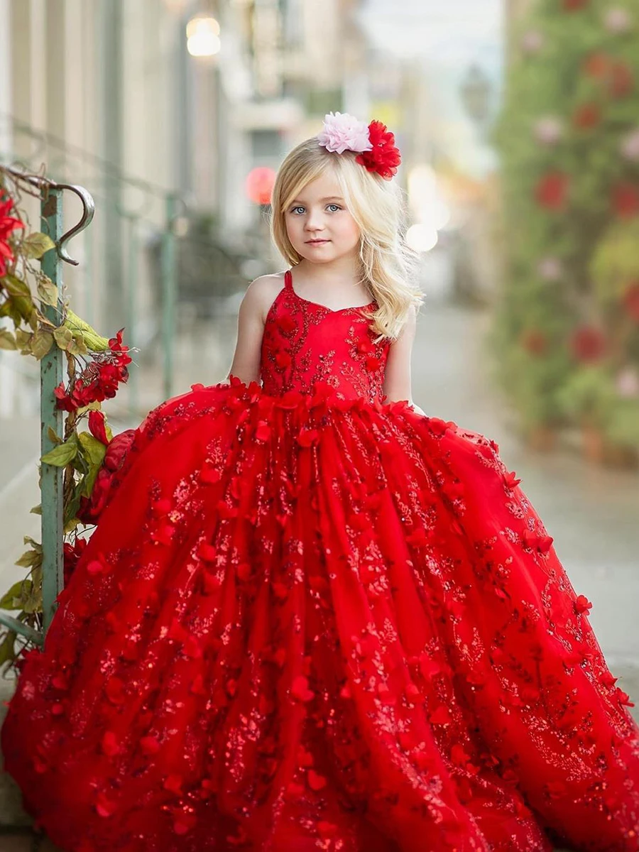 Red Sequins Ball Gown Tulle Flower Girl Dress Exquisite Party Kids Birthday Sleeveless Floor Length Applique Lace Princess Dress