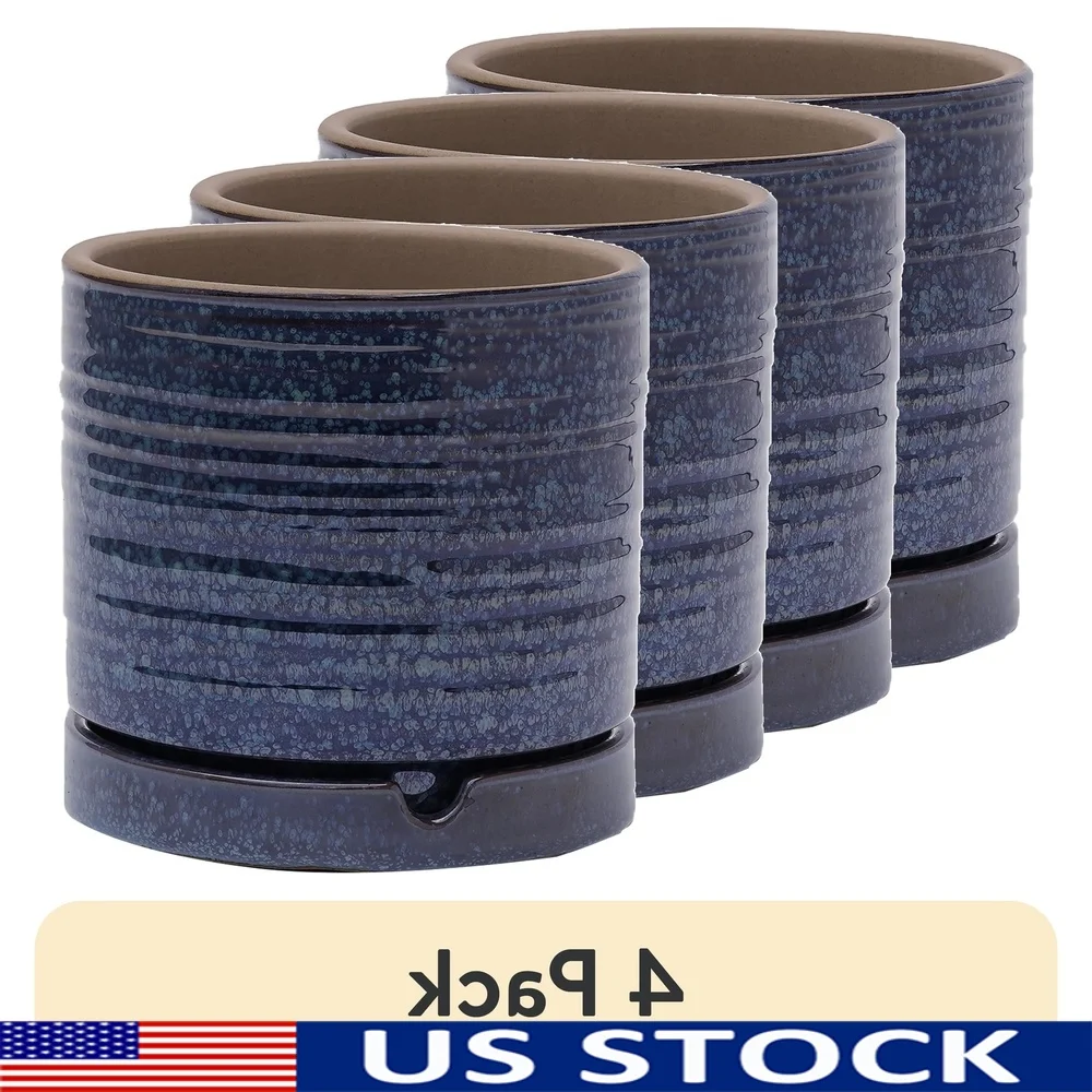 

4 Pack 6 Inch Round Ceramic Planter with Saucer Weather Resistant Pot Indoor Outdoor Use Succulents Flowers Garden Decor
