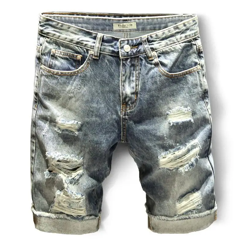 Celana Jeans Pendek Bermuda Ramping Robek untuk Pria Celana Pendek Denim Pria Baru Fashion Y2k Populer Asli Celana Pendek Denim Pria Baru Harajuku