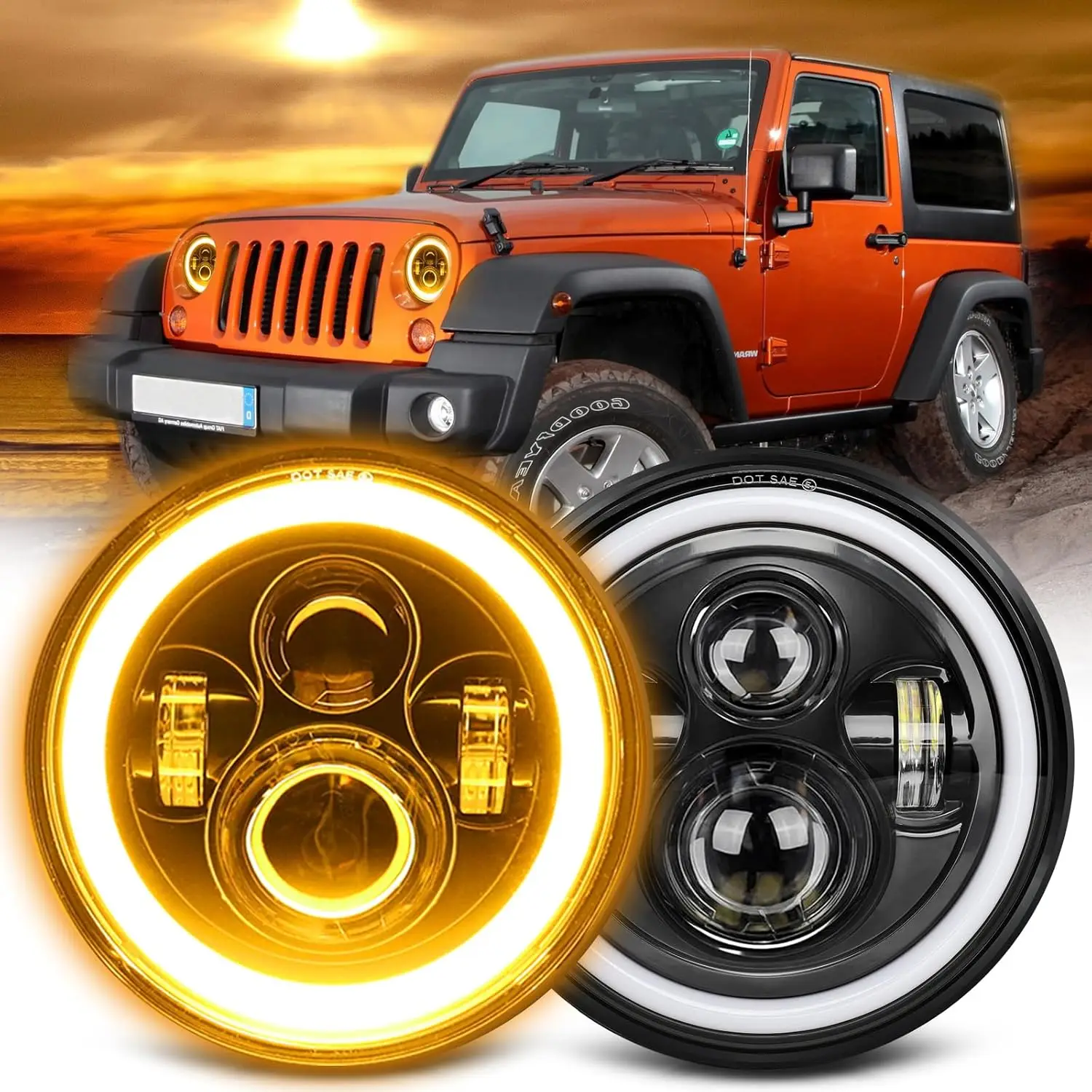 Compatible with Jeep Wrangler JK TJ CJ 7 inch LED Headlight Round Projector H6024 LED Headlight White DRL Amber Halo Turn Signal