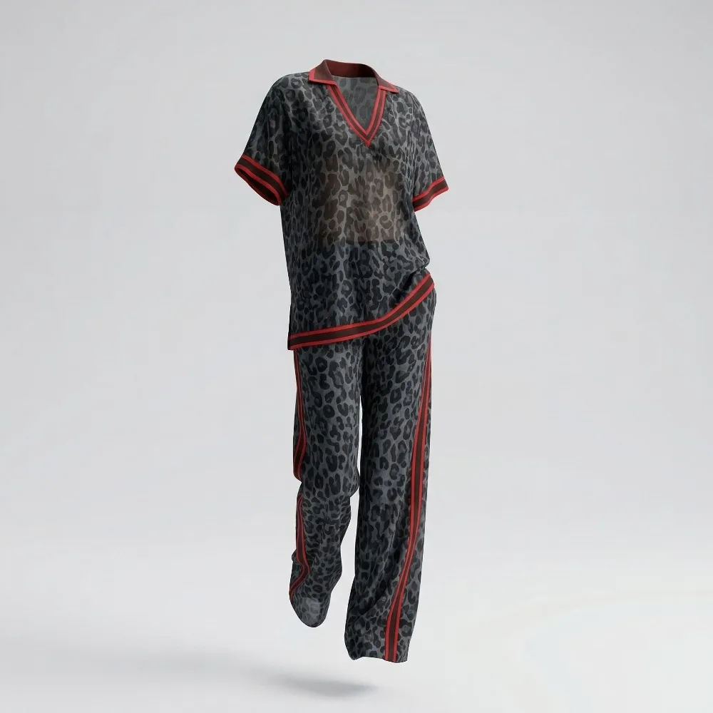 Women's Leopard Print Two Piece Outfit - Short Sleeve V-Neck Top & Wide Leg Pants Set Red Striped Trim Semi-Sheer Chiffon Set