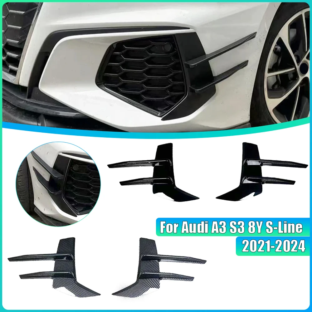 

Glossy Black Carbon Look Front Bumper Lip Spoiler & Splitter Canards Wind Knife Vents for Audi A3 S3 8Y S-Line 2021-2024