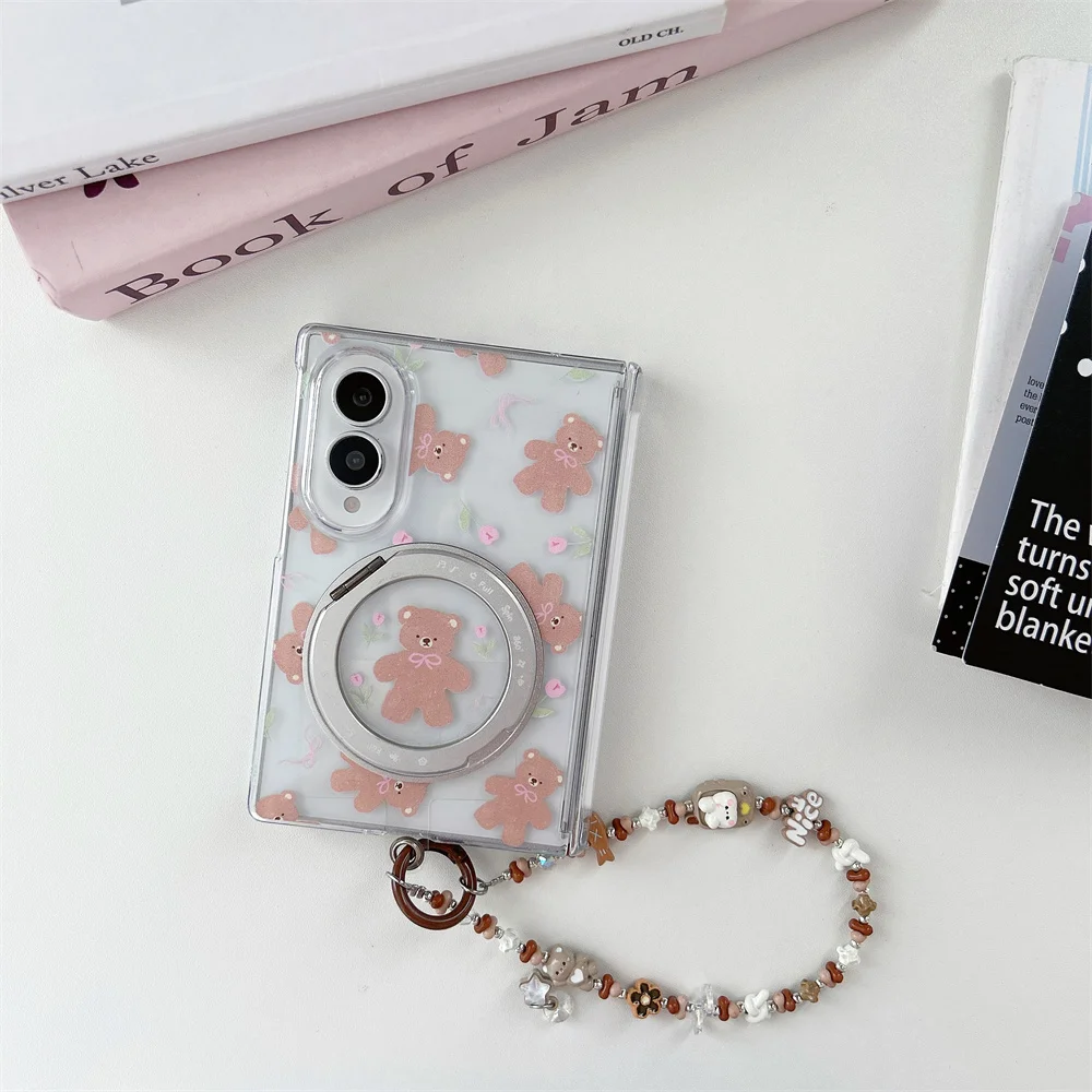 Cute Pink Bow Bear Print Phone Case For Samsung Galaxy Z Fold 8 Rotatable Ring Mirror Kickstand Hinge Protective Cover Cartoon