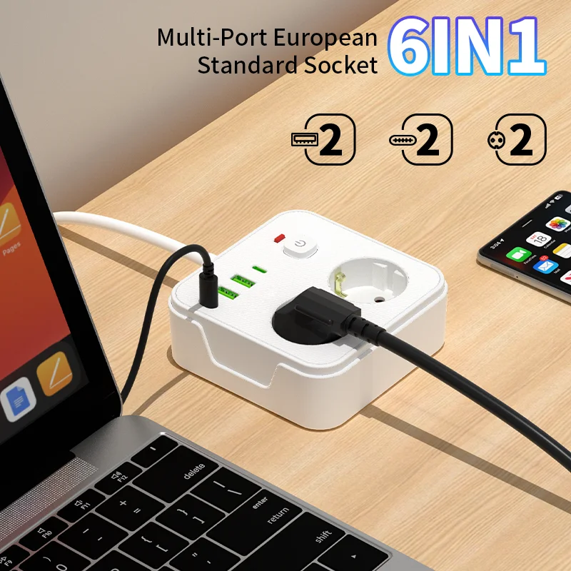 Regleta de enchufes 6 en 1 con USB, con 2 enchufes europeos con interruptor principal, 2 puertos USB-A y 2 puertos USB-C, equipada con una extensión de 1,8 metros.