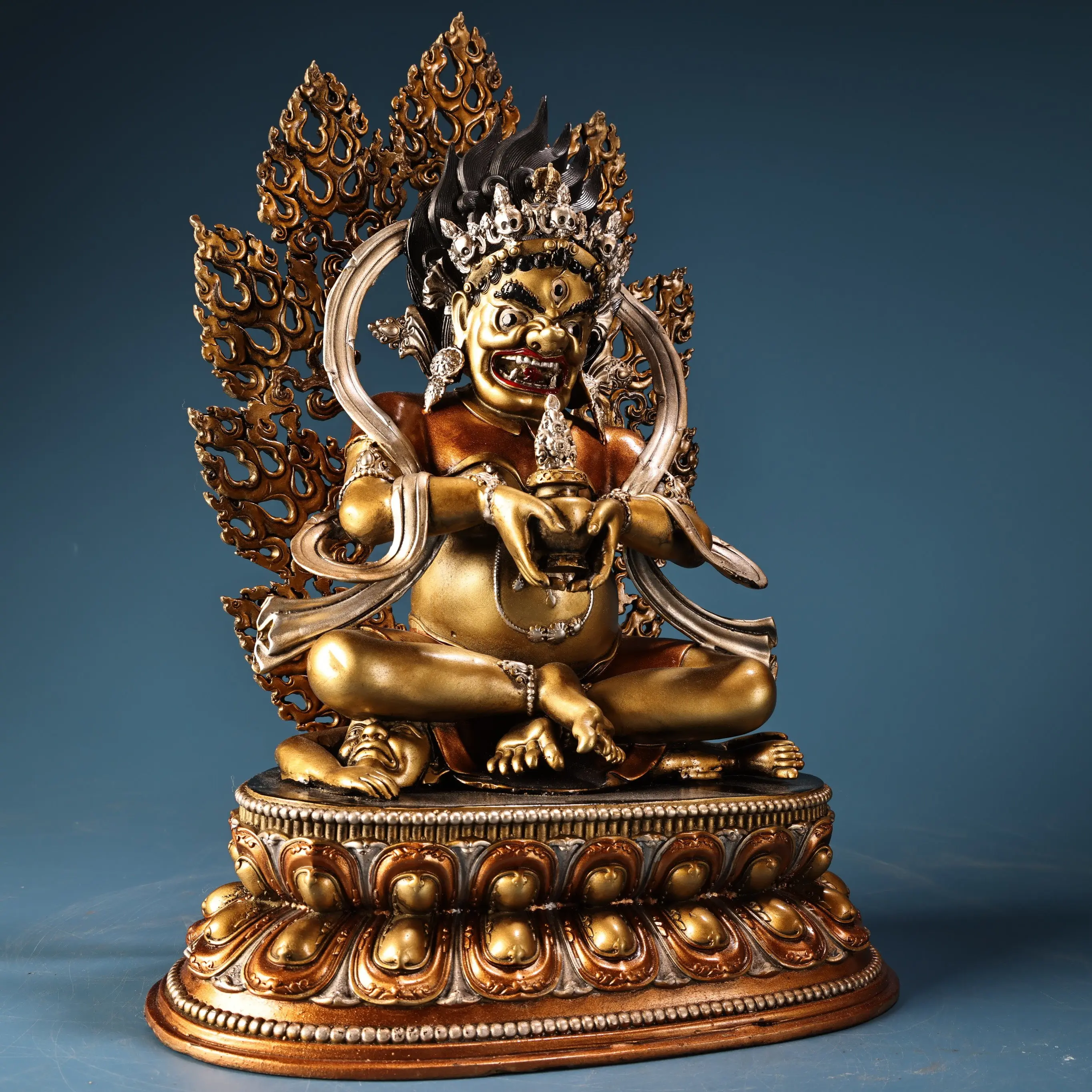 Vintage Old Copper Gilt Hand Painted Gold Silver Tibetan Protector Buddha Statue Heavy Patina Exquisite Collectible