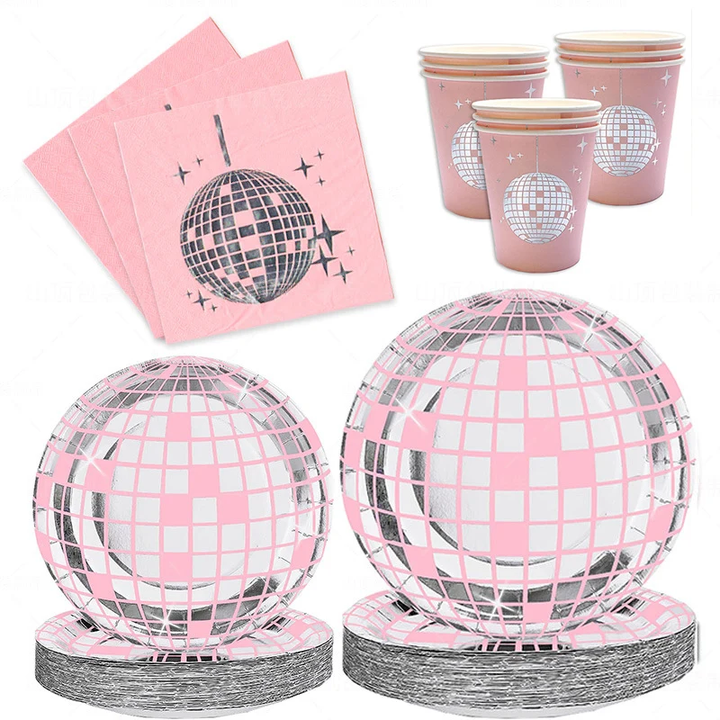 10 peças - prato de papel descartável com estampa de bola rosa, para 10 convidados, utensílios de mesa para festa disco, prato redondo descartável para jantar.