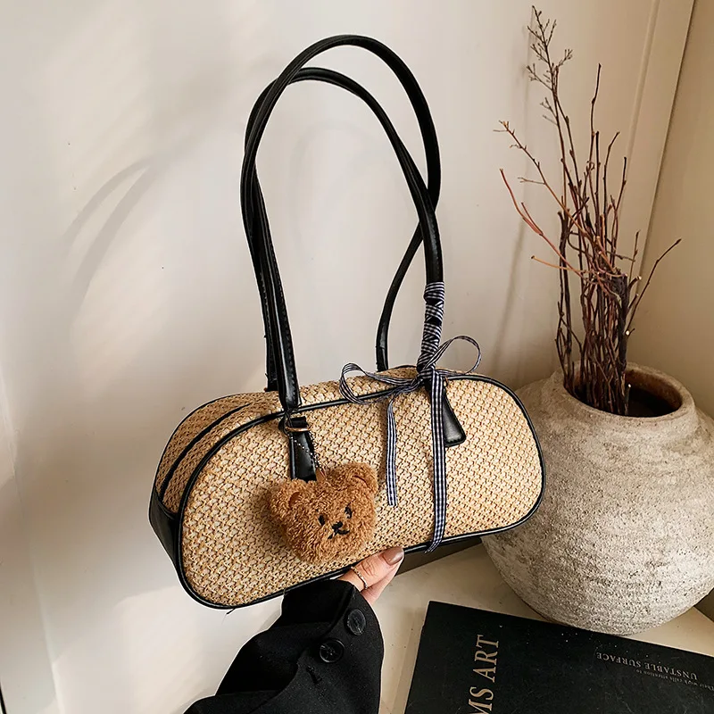 

Casual Ribbon Patchwork Women's Shoulder Bags Simple Versatile Ladie Underarm Bag Large Capacity Female Handbags Tote Pendant