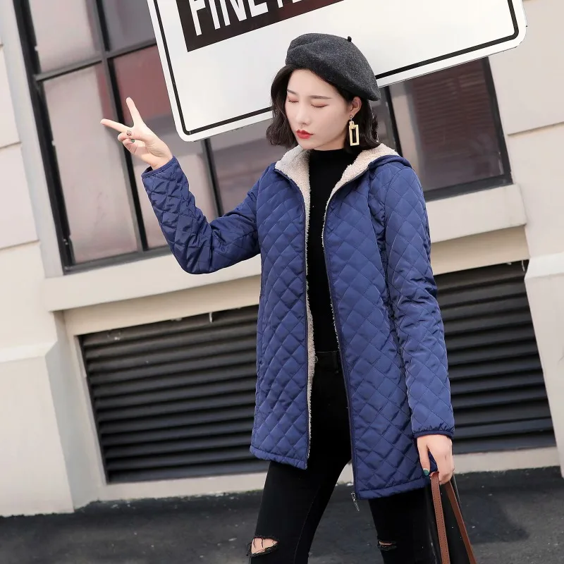 2024Autumn/Winter New Hooded Warm Lamb Fleece Long Sleeve Cotton Jacket Cotton Jacket Size Up Coat Women's Medium Long Checkered