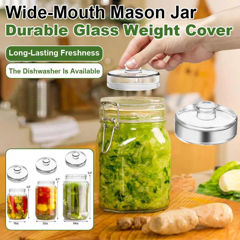 Wide Mouth Canning Jars with Glass Lid - Durable Glass Fermentation Kit, Ergonomic Handle &amp; Weight for Pickling, Mason